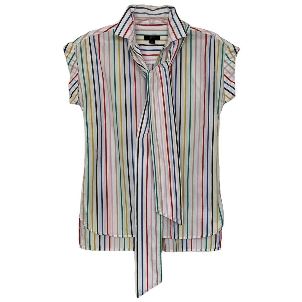 J. Crew Shirt Candy Striped Short Sleeves Tie Scarf Collared Button Up White XS